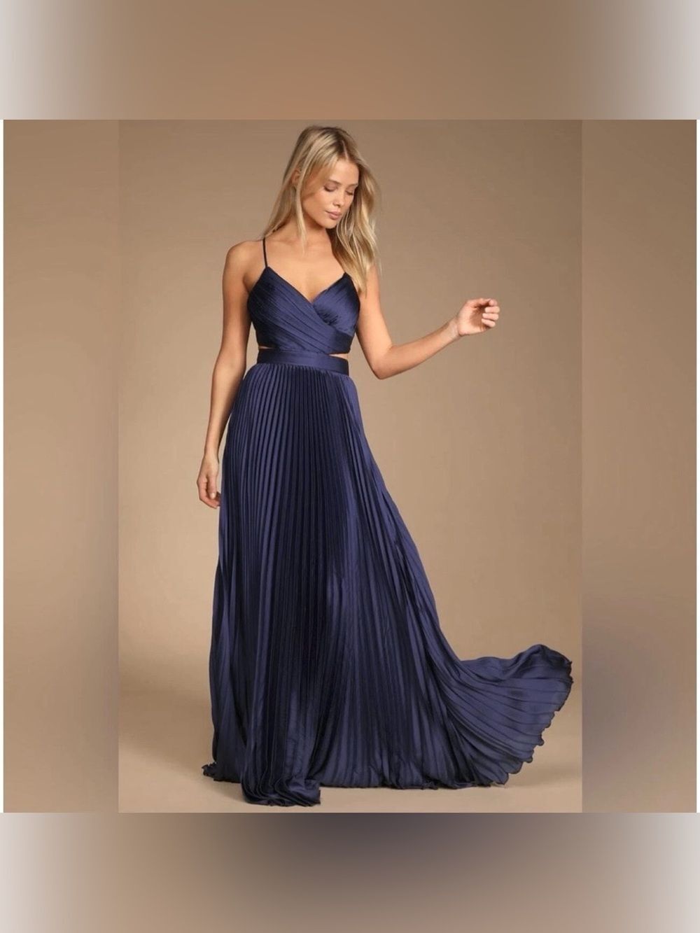 Lulus Navy Got the Glam Pleated Cutout Maxi Dress Size Large